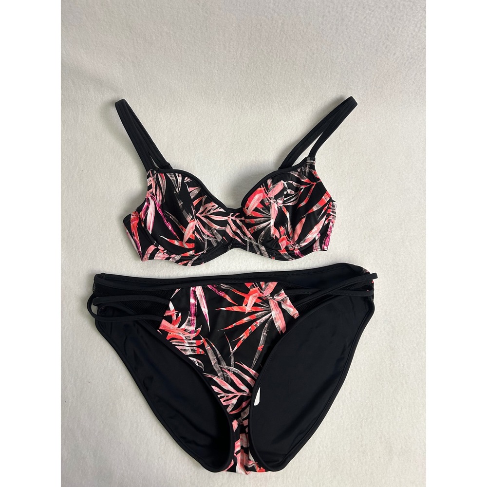 Tropical Freya Womens 30D/Med Blk Pink Palm Print Underwired Bikini Swimsuit Set